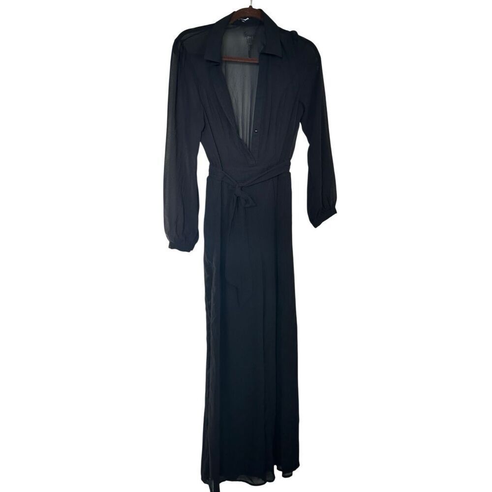Fashion Nova Sheer Plunge Wide Leg Jumpsuit - Black - Size Medium